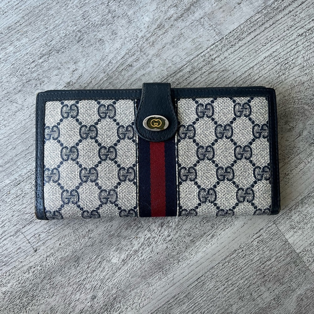 Gucci Beige and Navy Monogram trifold wallet